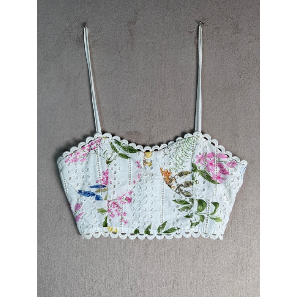 Lulus NWOT Floral Eyelet Crop Top White Pink Green Scalloped Smocked XS Womens